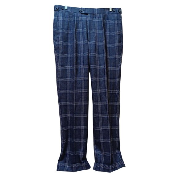 J Hilburn Mens Tailored Wool-Cashmere Pants Blue Plaid W33 L28 Heritage Luxury - Picture 1 of 8